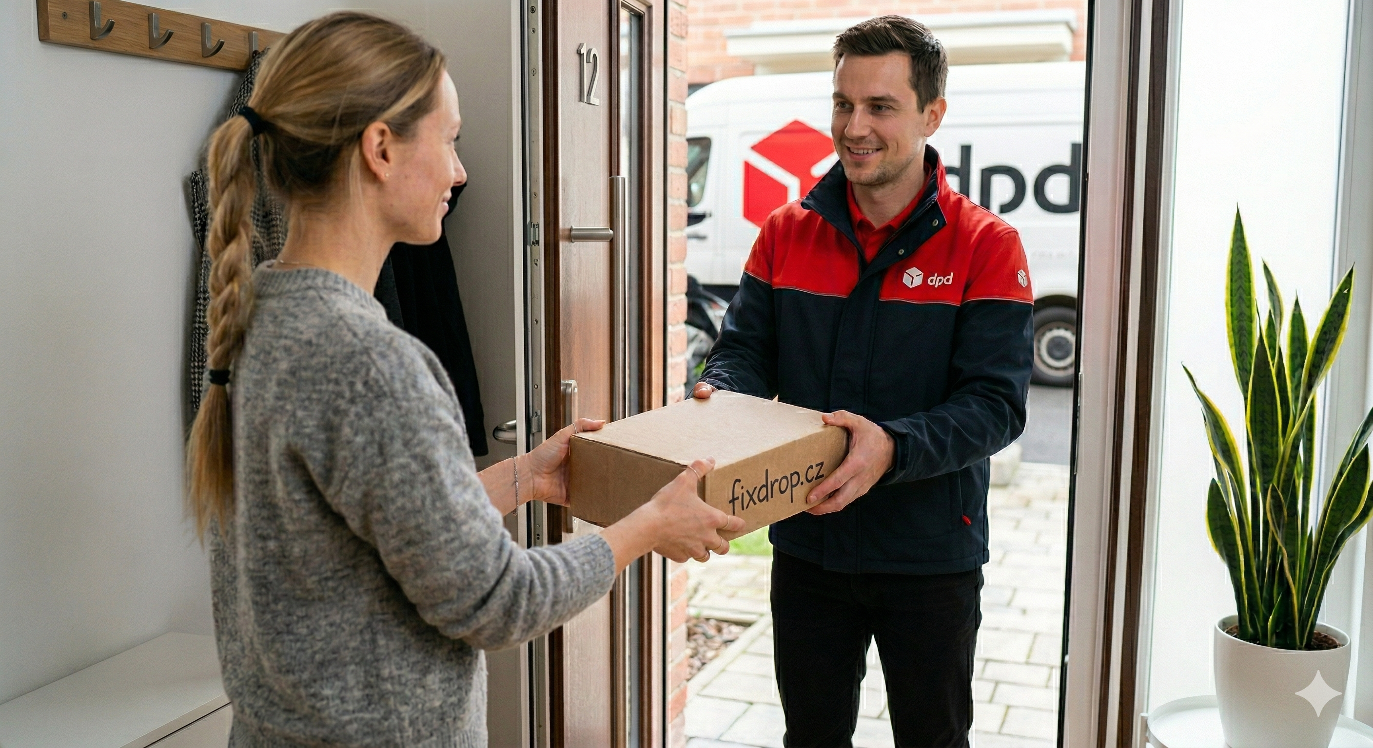 Kurýr DPD přebírá balíček FixDrop u dveří
